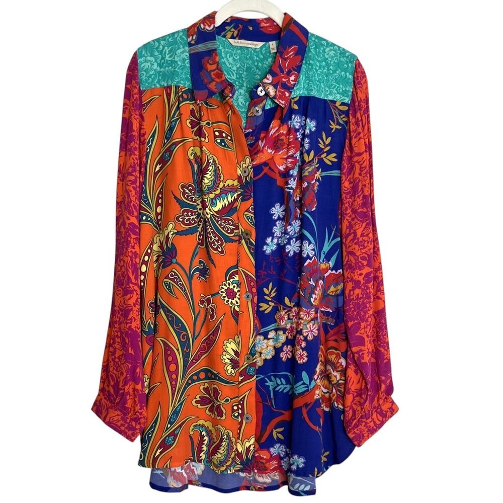 Soft Surroundings Hermosa Patchwork Floral Tunic Small Multicolor Embroidered